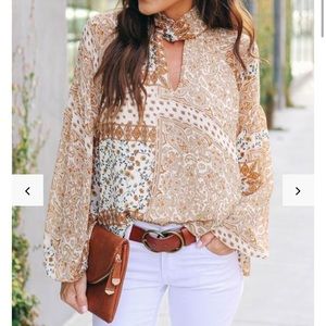 Vici Keyhole Mix Print Mock Neck Blouse